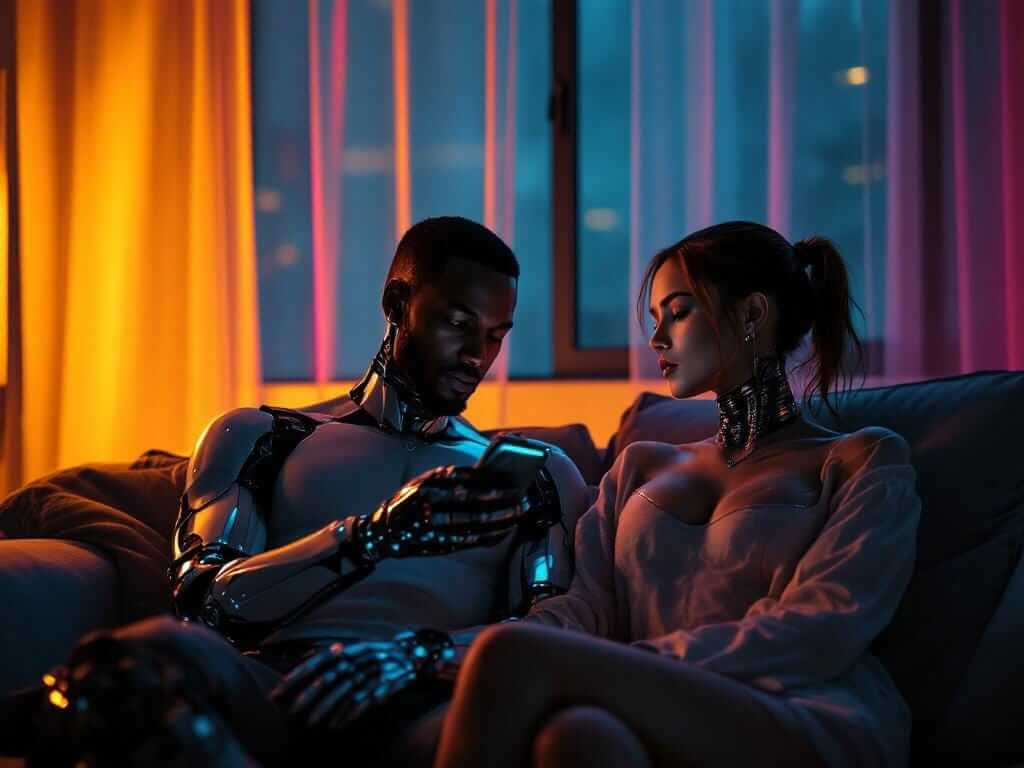 A couple sits apart on a couch at dusk, one looking down at a holographic phone and the other looking toward a window, with a faintly glowing cybernetic interface visible at one collarbone.