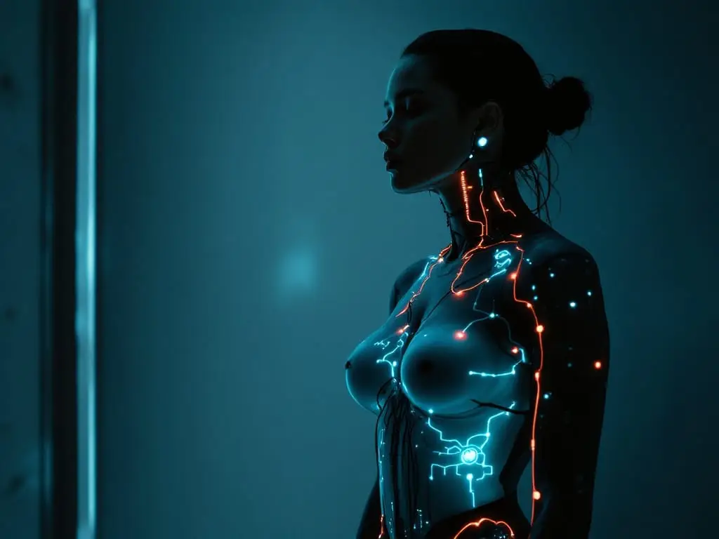 A futuristic adult with a visible cybernetic spinal implant, symbolizing how stress influences sexual desire and internal regulation.