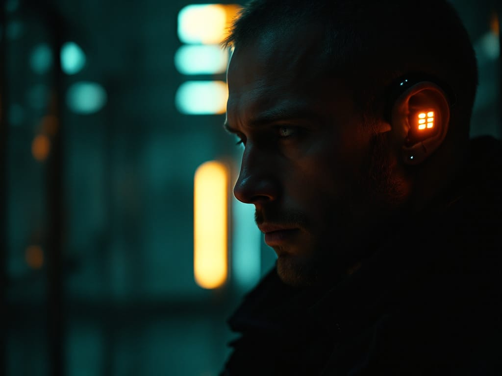 A futuristic adult with a visible cybernetic neural band, representing how psychological and social factors influence sexual desire.