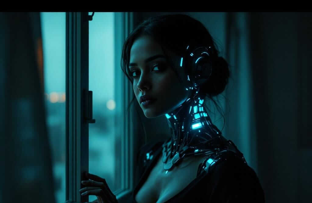 A cyborg adult stands by a window at dawn, one hand resting on the frame, with a steady-glowing cybernetic interface visible at the collarbone under soft teal and amber light.