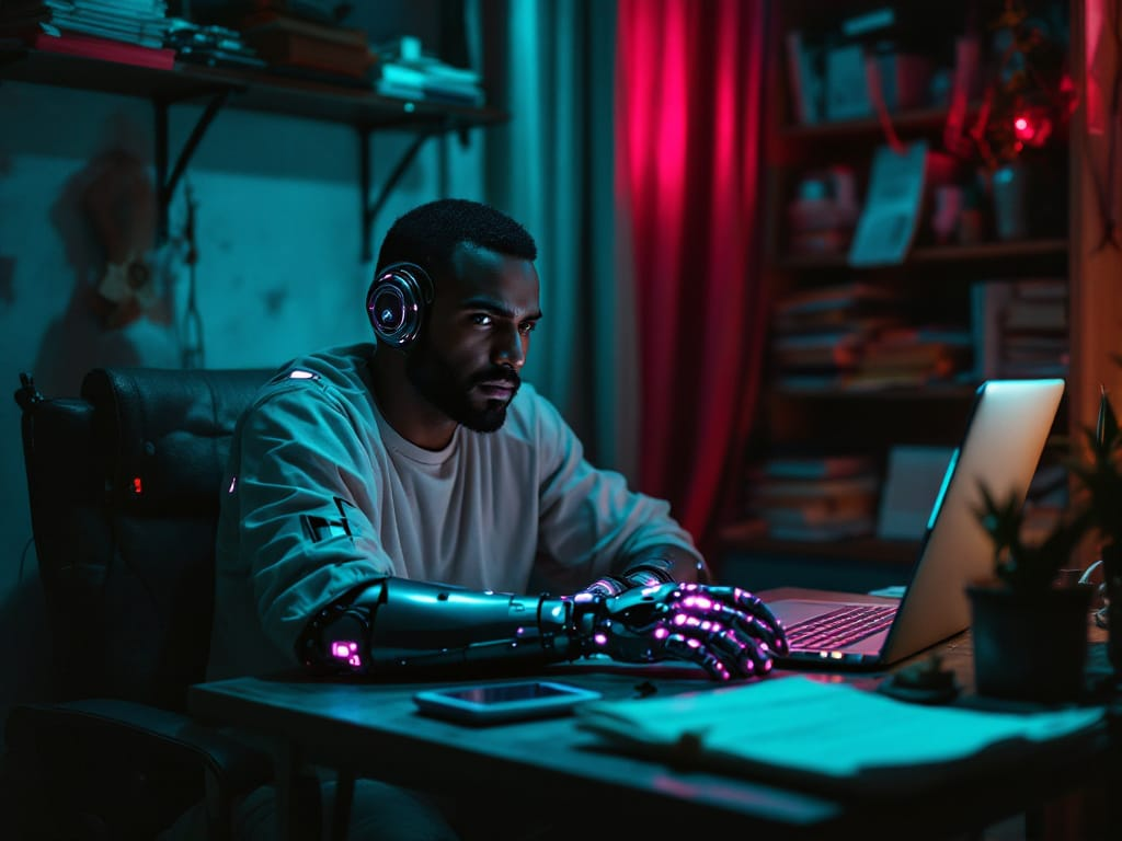 Futuristic adult wearing clothing with a visible cybernetic wrist at a table surrounded by everyday tasks, showing how ongoing stress affects sexual desire.