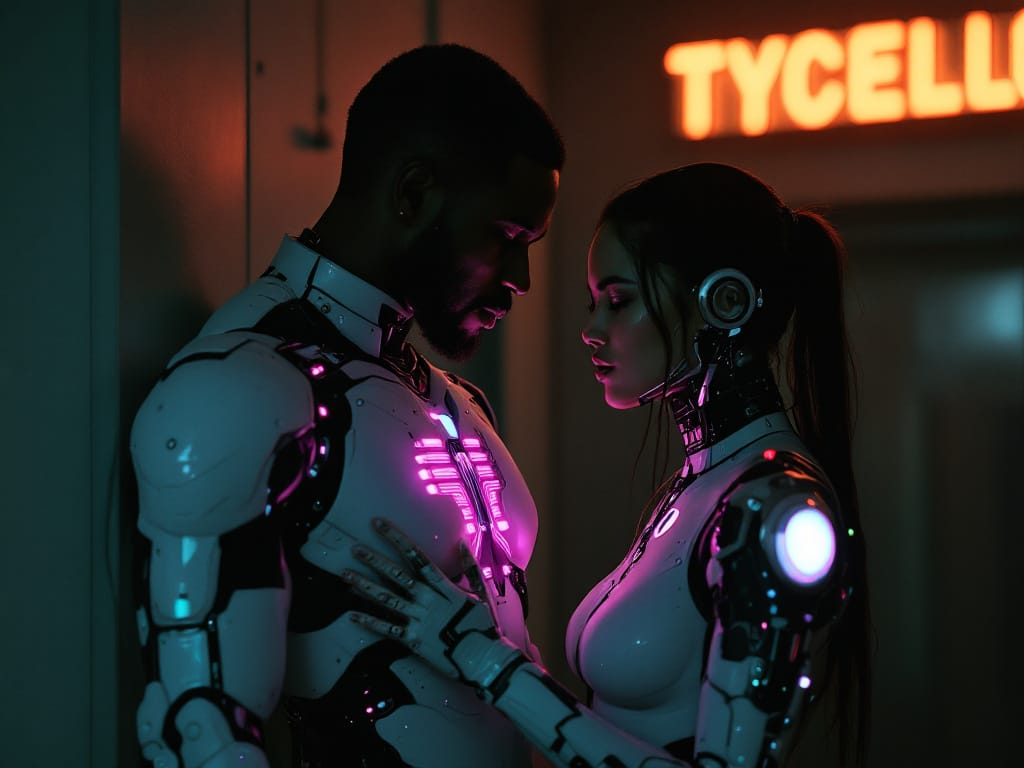 Two futuristic adults with visible cybernetic interfaces illustrating different patterns of sexual desire activation—one spontaneous, one responsive.