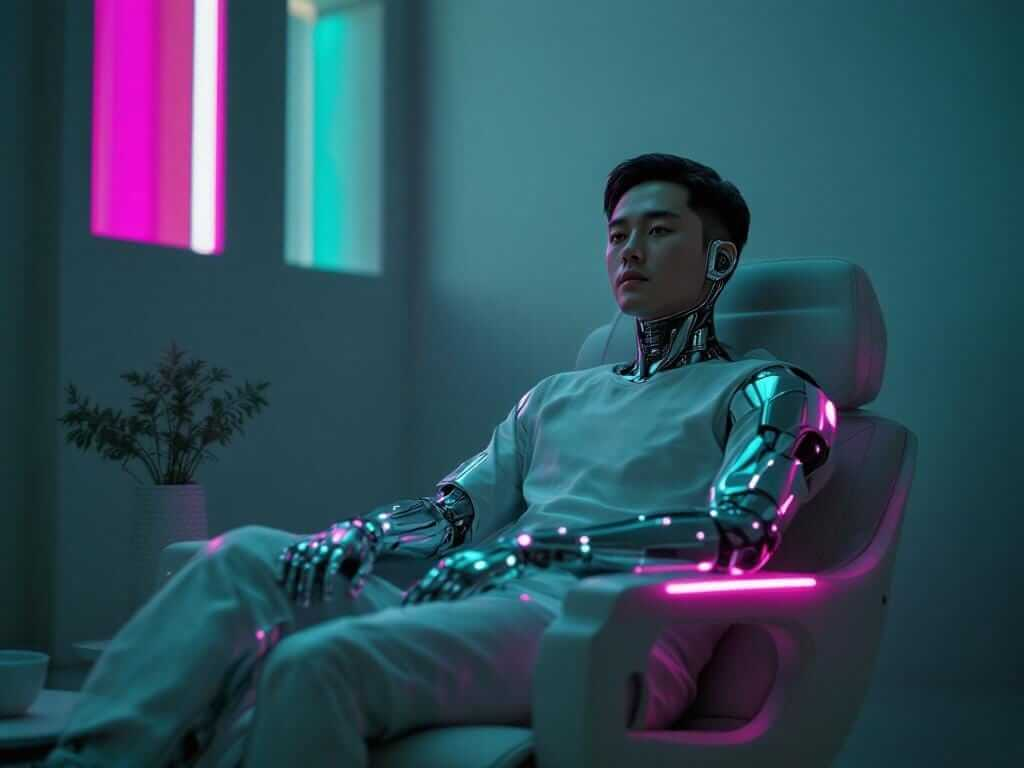 A cyborg adult sits calmly in a chair, with a chrome-plated arm showing softly glowing circuitry under warm magenta and muted teal lighting.