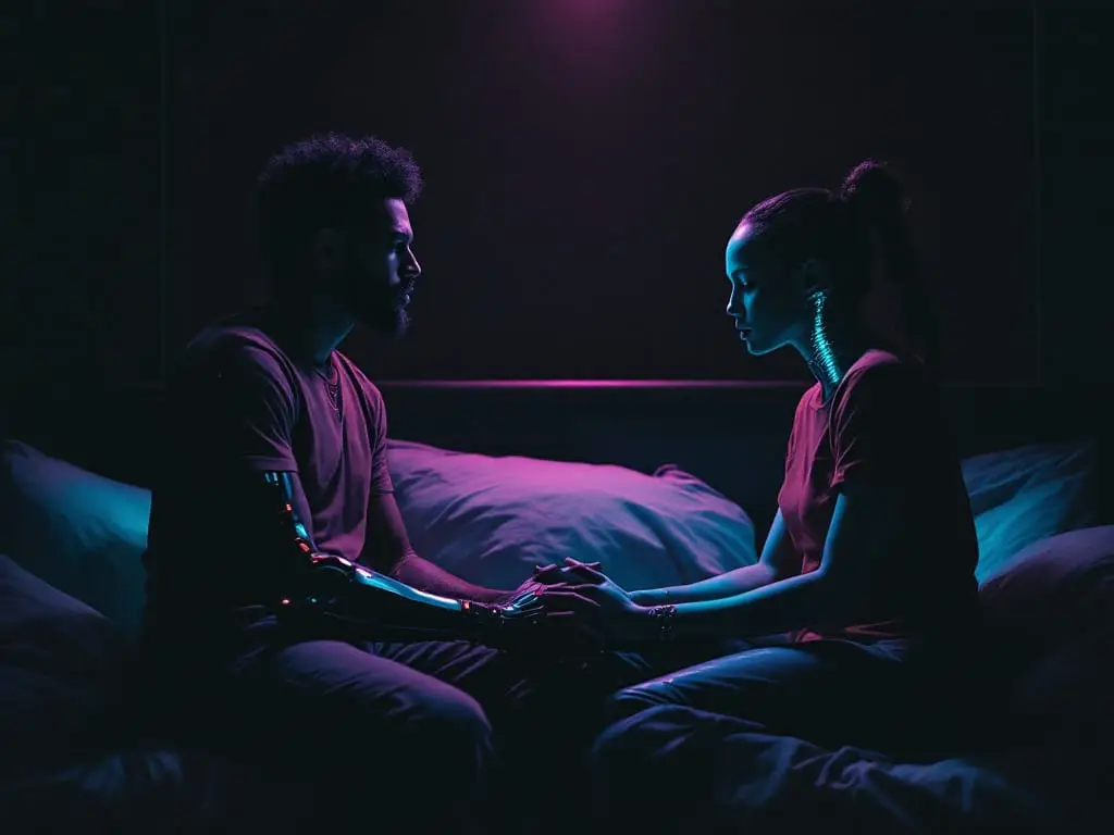 Futuristic couple wearing clothing with visible cybernetic shoulder and neck interfaces, sitting apart on a bed to represent how stress-related desire changes can be misread as relationship distance.