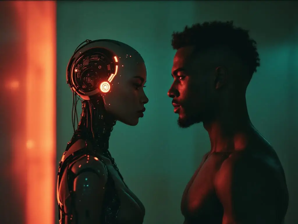 Two futuristic adults with visible cybernetic implants standing equally, illustrating that sexual desire overlaps across genders rather than forming a hierarchy.