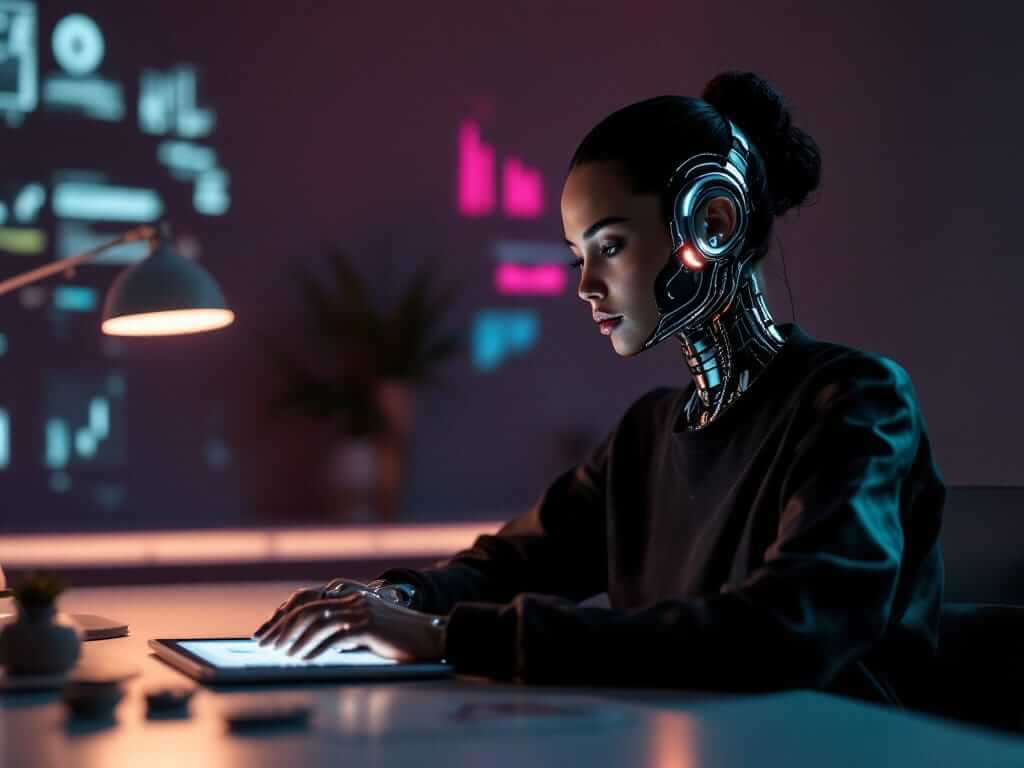 A cyborg adult sits at a desk reviewing information, with a softly glowing cybernetic interface near the jawline under warm amber and magenta-teal lighting.