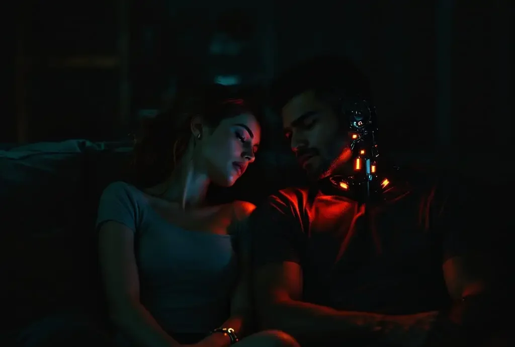 Futuristic couple wearing clothing with visible cybernetic shoulder and neck interfaces, sitting apart on a bed to represent how stress-related desire changes can be misread as relationship distance.