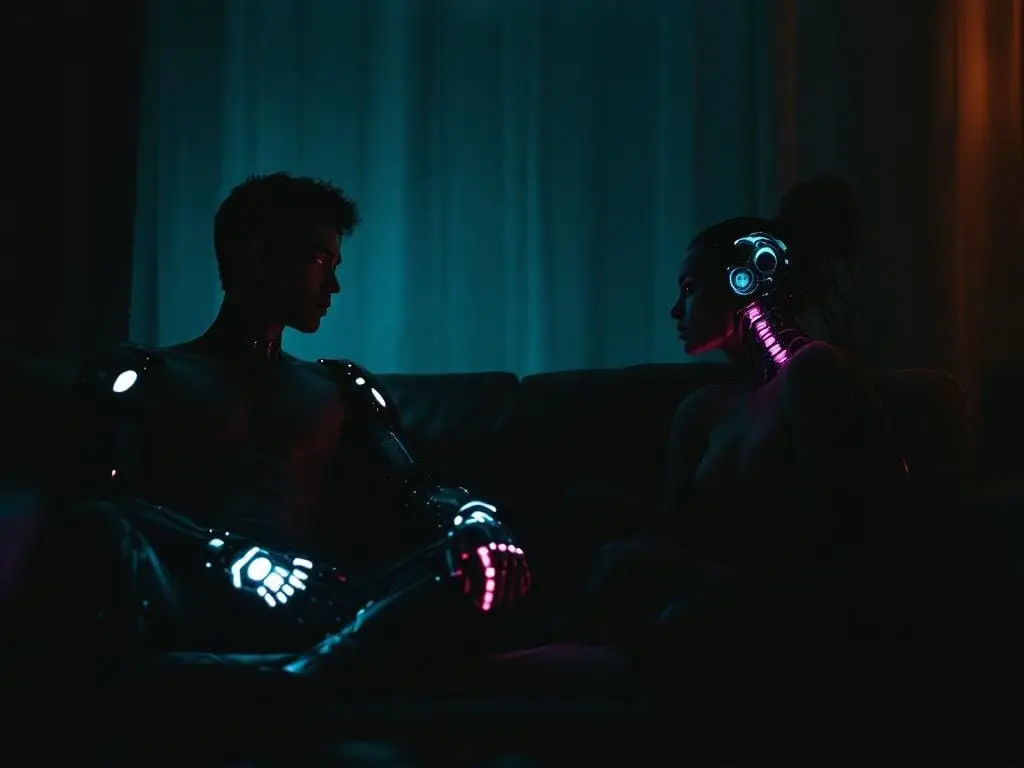 A futuristic couple with visible cybernetic body parts sitting slightly apart, illustrating how relationship context shapes differences in sexual desire.