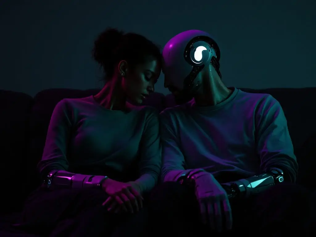 Futuristic couple wearing clothing with visible cybernetic shoulder and neck interfaces, sitting apart on a bed to represent how stress-related desire changes can be misread as relationship distance.