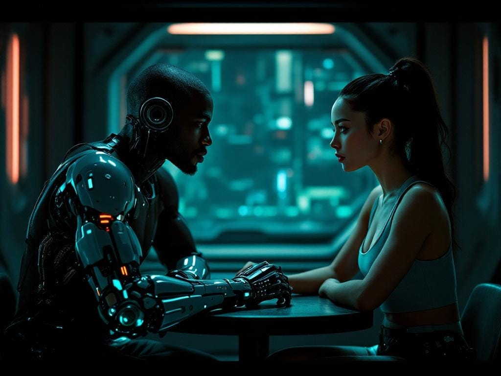 A futuristic couple with visible cybernetic body parts facing each other calmly, illustrating when differences in sexual desire begin to cause relational distress.