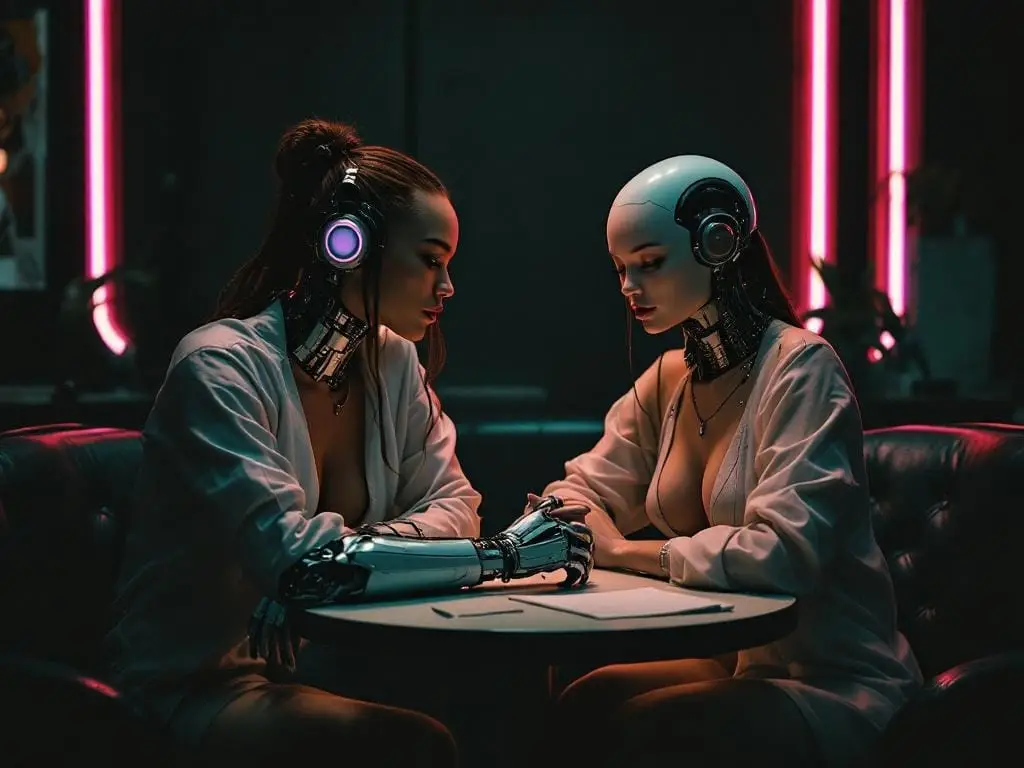 A futuristic couple with visible cybernetic features collaborating calmly, representing partners navigating different sex drives together without blame.