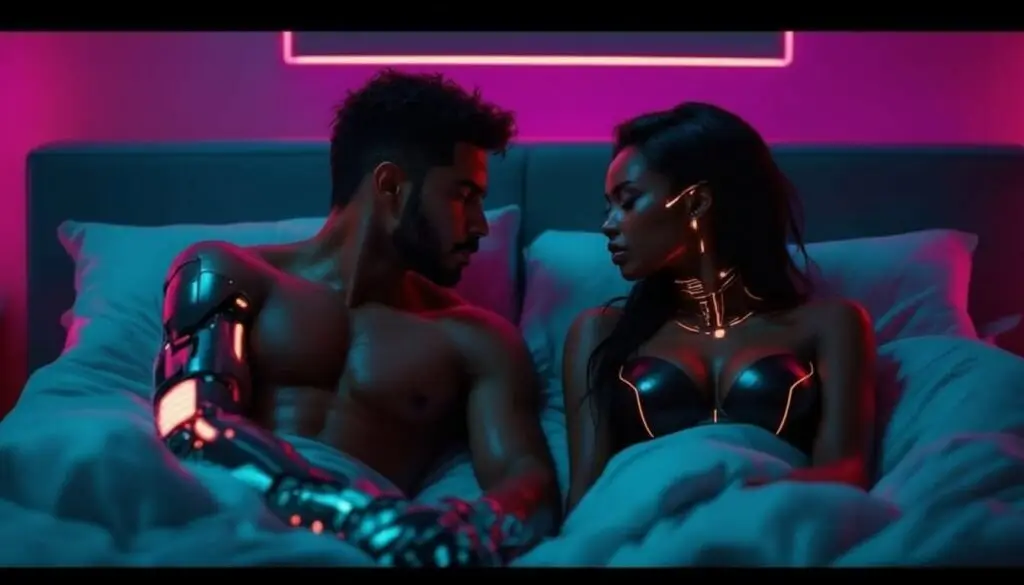 Two cybernetic adults sitting apart on a bed in a dimly lit room, one with a visible cybernetic arm, reflecting emotional distance and intimacy.