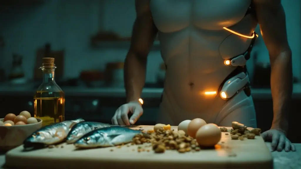 Whole-food proteins and healthy fats on a counter with a visible cybernetic endocrine interface, illustrating how diet supports libido through hormones and energy balance in a futuristic kitchen.