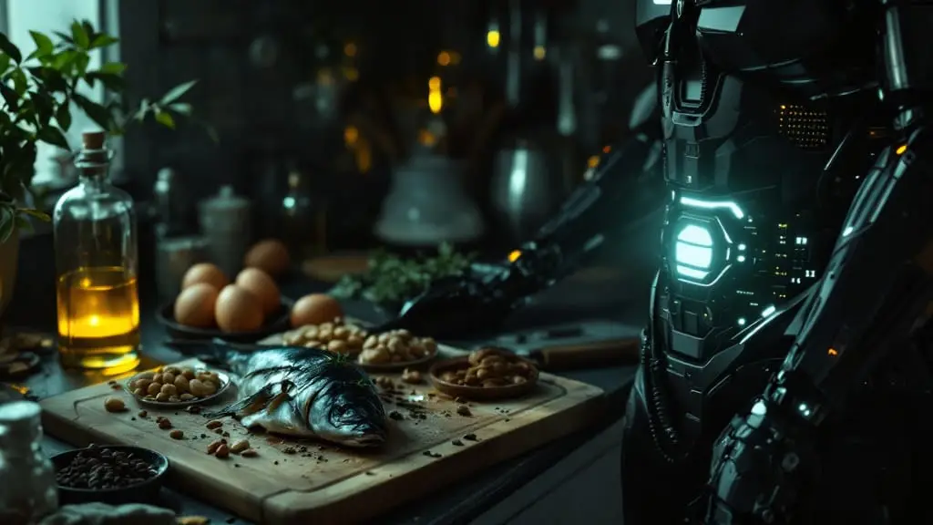 Whole-food proteins and healthy fats on a counter with a visible cybernetic endocrine interface, illustrating how diet supports libido through hormones and energy balance in a futuristic steampunk kitchen.
