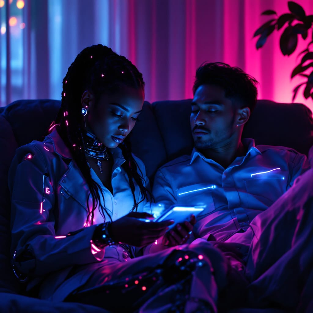 A Black cyborg mother multitasks with glowing holographic schedules while an exhausted Asian cyborg father rests on a couch, both showing signs of mental and emotional overload in a futuristic home setting.