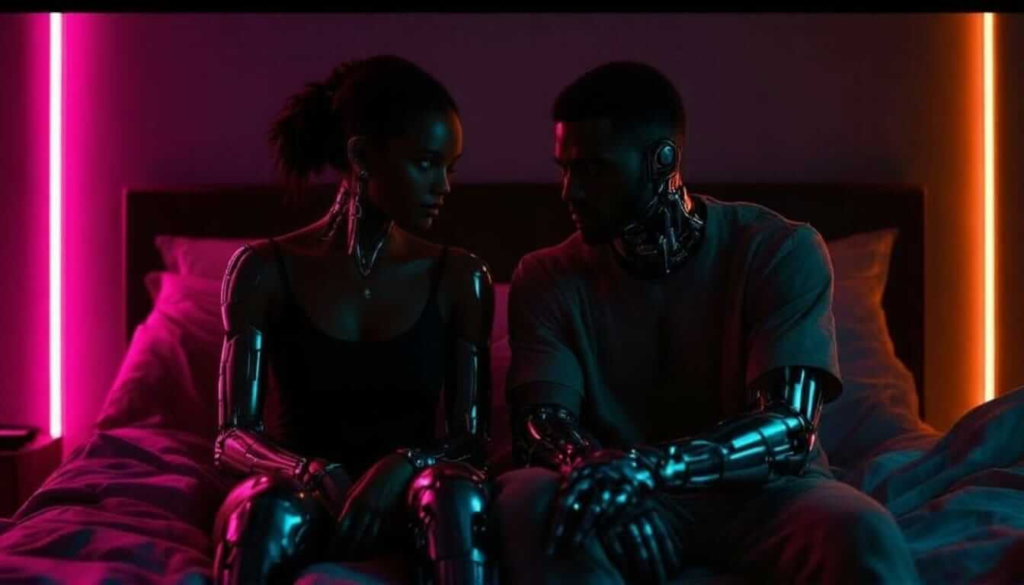 Two adults sitting apart on a bed in a futuristic bedroom, one with a visible cybernetic arm, illustrating how stress can affect intimacy and sexual desire.