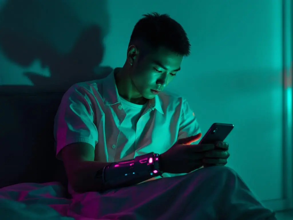 A cyborg man sitting alone in a dim room, looking at a glowing phone with a visible cybernetic wrist.