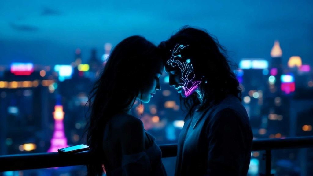 Couple reconnecting on a fire escape at dusk, phones face down beside them, sharing earbuds as neon reflects off a visible chrome forearm implant in a cyber-intimate city setting.