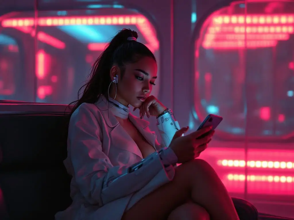 A cyborg man sitting alone in a dim room, looking at a glowing phone with a visible cybernetic wrist.