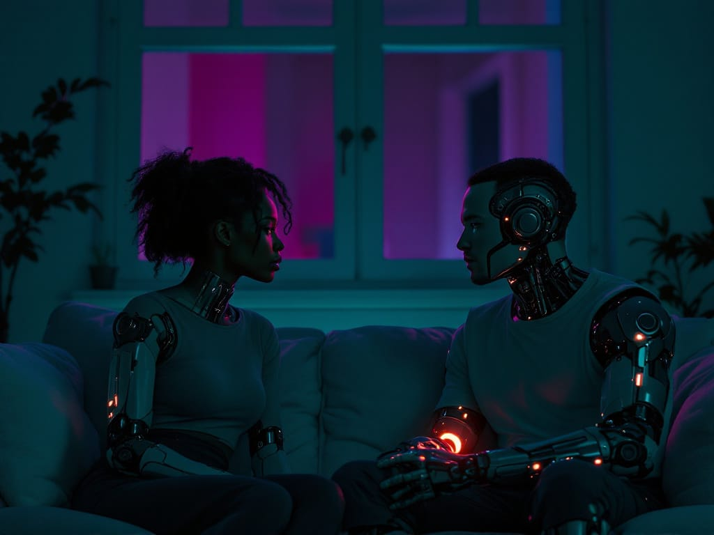 Two partners on a neon-lit couch, one looking toward the other while a faintly glowing cybernetic arm implant suggests emotional distance.