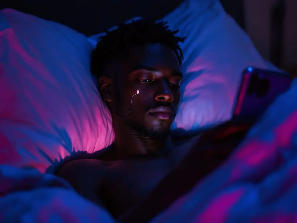 A Black male cyborg reclining in bed, looking at a softly glowing phone with a subtle cybernetic interface visible.