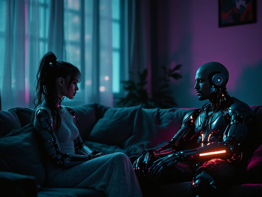 Neon-lit couple in partial shadow with a softly pulsing cybernetic temple implant, symbolizing the brain’s reduced novelty response.