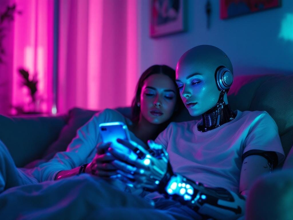 Couple sitting together in neon-lit living room; one partner focused on a glowing phone with visible chrome forearm implant while the other watches quietly.