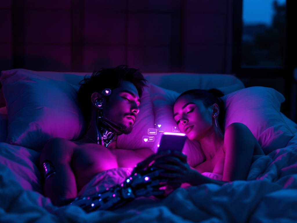 A neon-lit couple in bed separated by holographic notifications, with one partner’s cybernetic fingertip implant pulsing rapidly.
