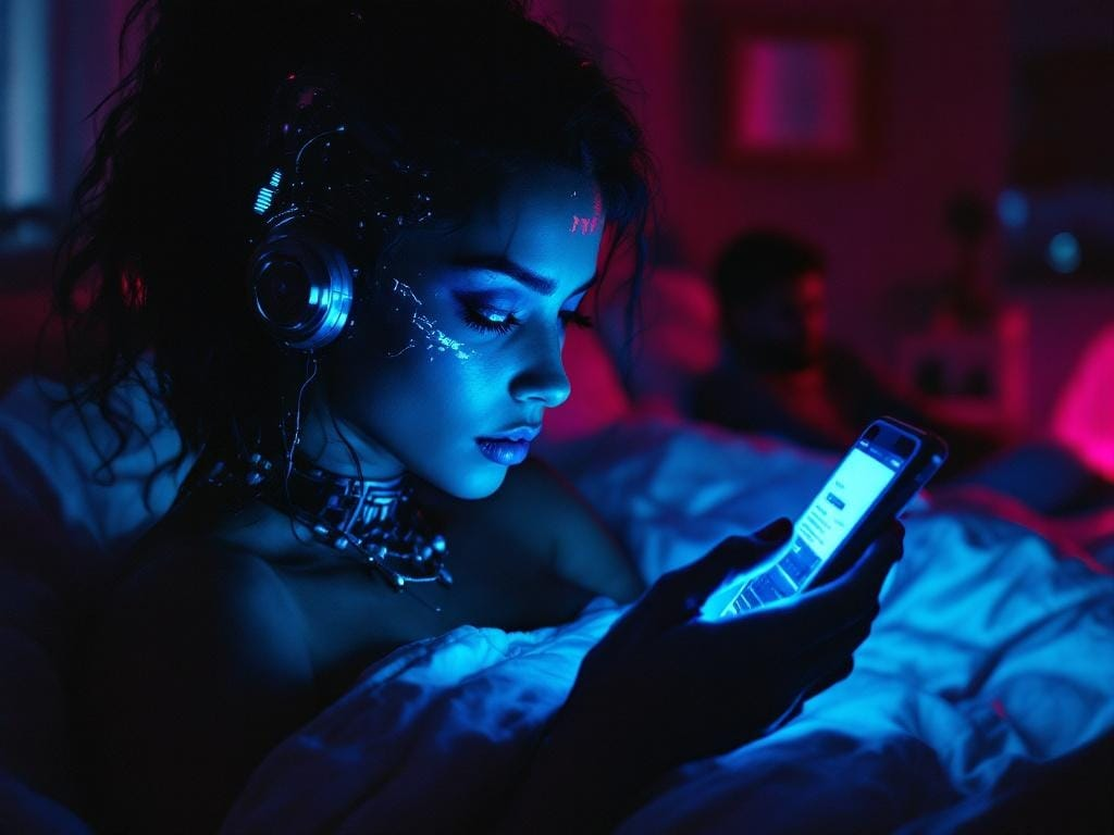 Partner illuminated by phone glow with visible chrome temple implant pulsing blue while their lover watches from warm neon light, illustrating digital distraction in intimacy.