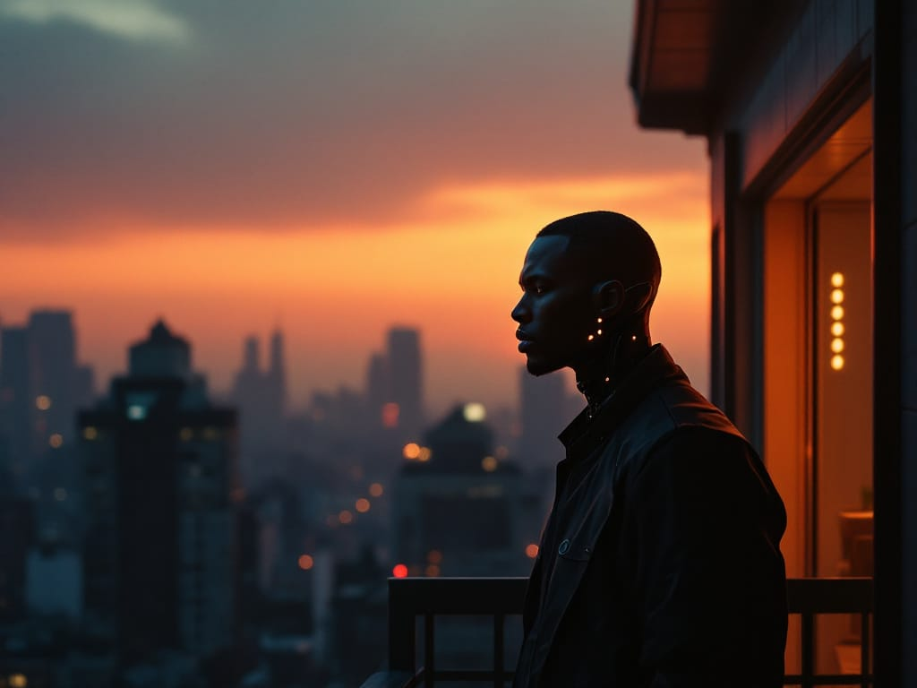 A middle-aged Black male cyborg standing on an apartment balcony at dawn, with a subtle cybernetic jaw interface visible as the city lights fade.