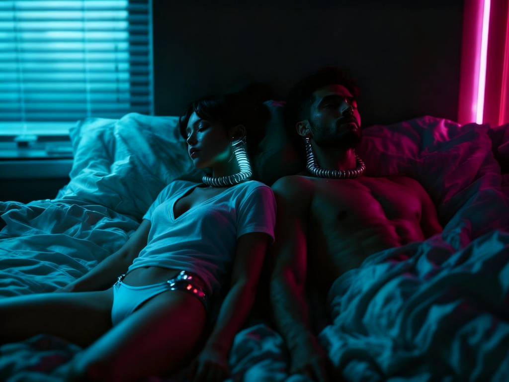 Two adult partners lie back-to-back in a dim neon-lit bedroom, one with a softly glowing chrome spinal implant and the other’s implant unlit.