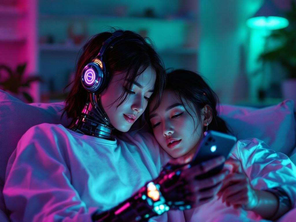 Partner reaching for connection while the other looks at a glowing phone, blue light reflecting off a chrome wrist implant in a neon-lit apartment.