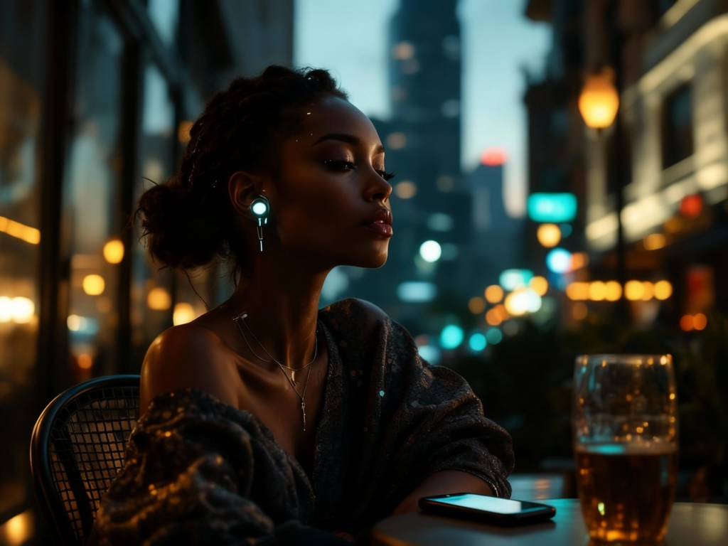 A middle-aged Black male cyborg standing on an apartment balcony at dawn, with a subtle cybernetic jaw interface visible as the city lights fade.