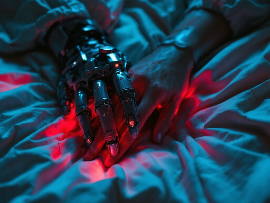 Close-up of two adult hands touching under teal and rose neon light, with visible chrome fingertip implants softly glowing.