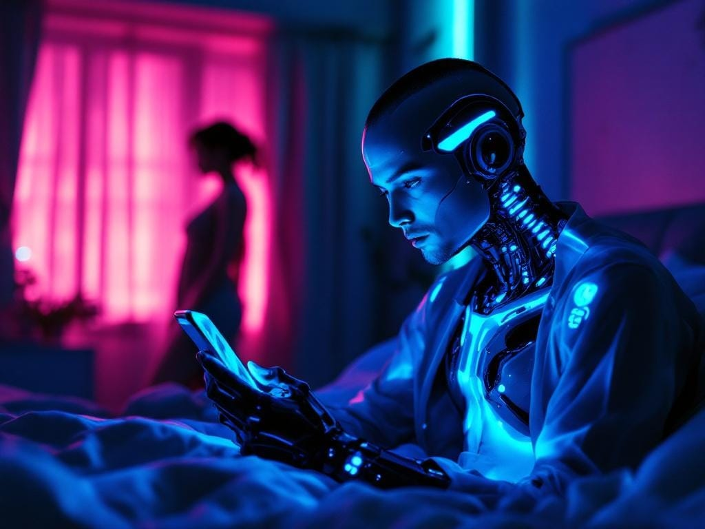 Partner scrolling through social media with visible cybernetic spine implant glowing blue while their lover stands behind them in warm neon light, illustrating digital comparison and intimacy distance.
