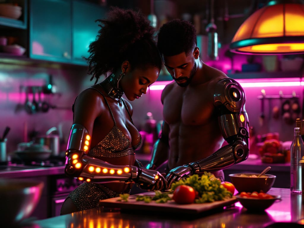 Two adult partners cook together in a neon-lit kitchen, one with a glowing chrome forearm implant as they move in close coordination.