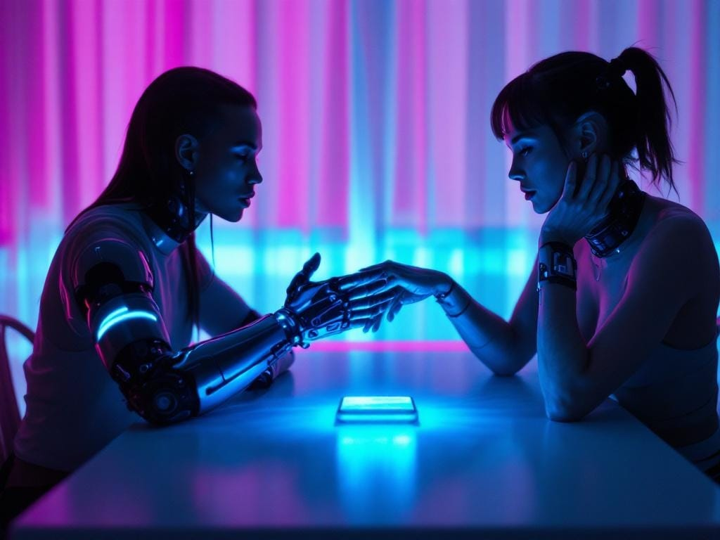 Couple sitting at a neon-lit dining table with a glowing phone between them, chrome wrist implant reflecting screen light and illustrating digital distraction in intimacy.