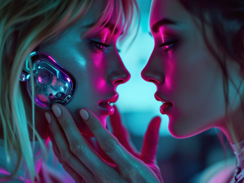 Close-up of two adult partners holding sustained eye contact in soft neon light, with a chrome cheek implant reflecting magenta glow.