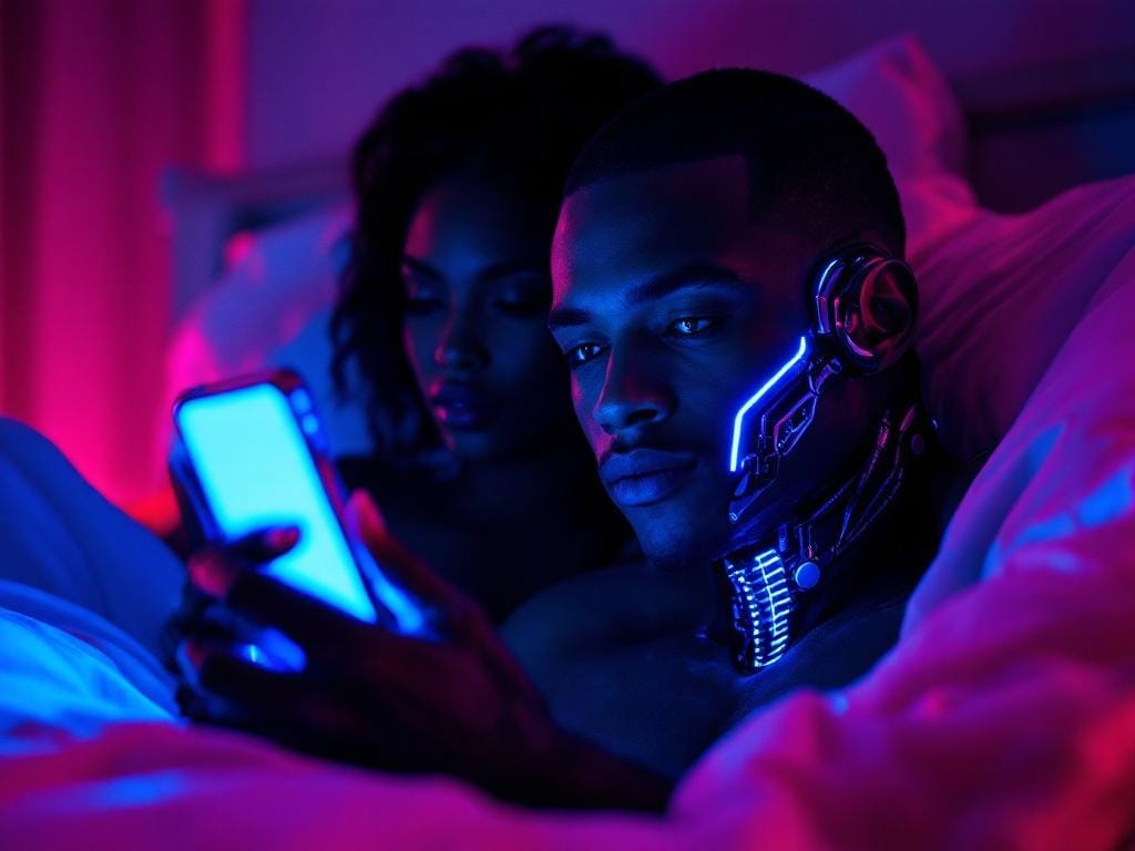 Partner illuminated by phone glow with visible chrome jaw implant while their lover lays dimly lit in magenta neon, illustrating digital distraction in intimacy.