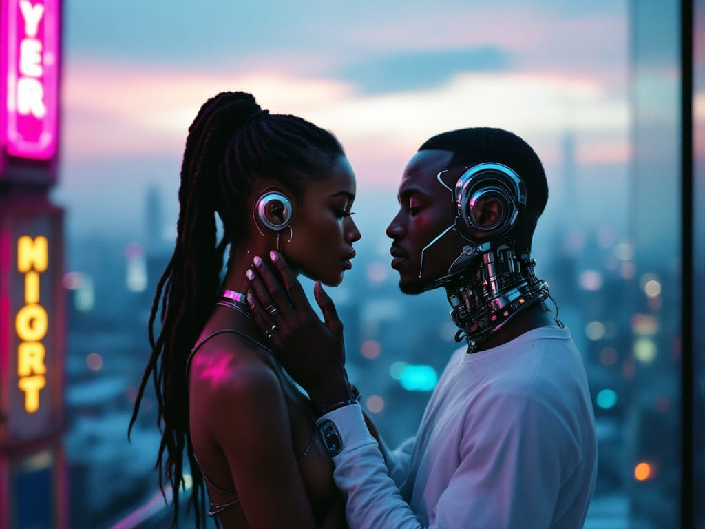 Two partners on a neon-lit couch, one looking toward the other while a faintly glowing cybernetic arm implant suggests emotional distance.