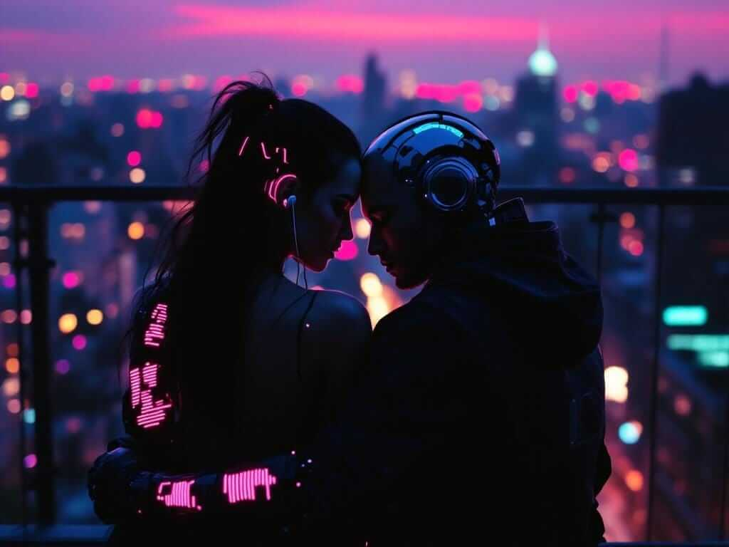 Couple reconnecting on a fire escape at dusk, phones face down beside them, sharing earbuds as neon reflects off a visible chrome forearm implant in a cyber-intimate city setting.