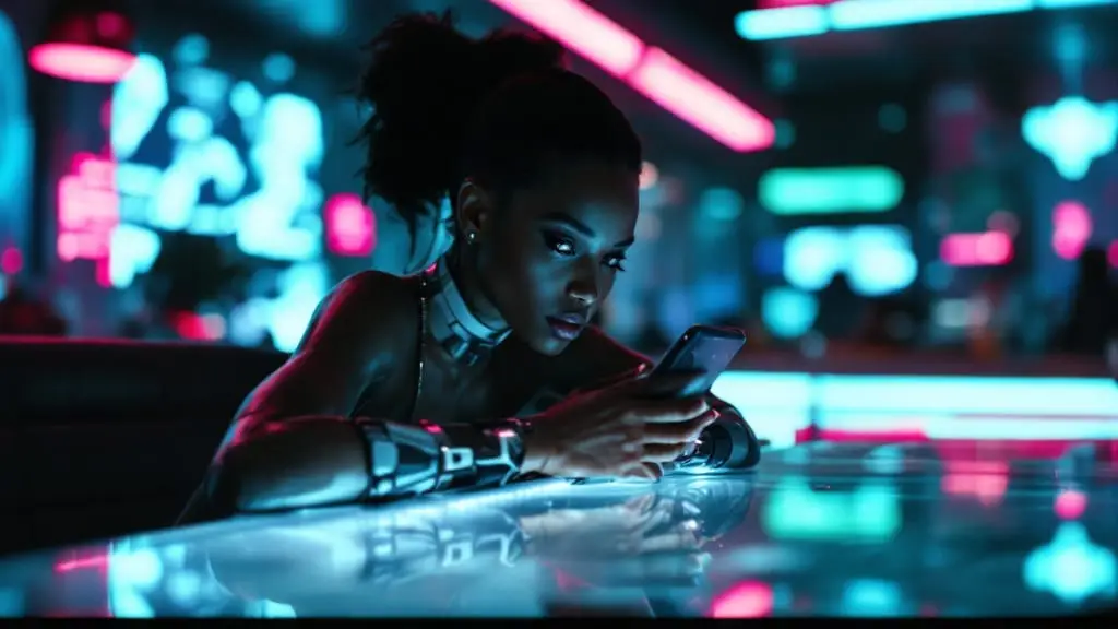 A cyborg woman sitting at a neon-lit bar looking at a glowing phone, with reflections on the glass table.