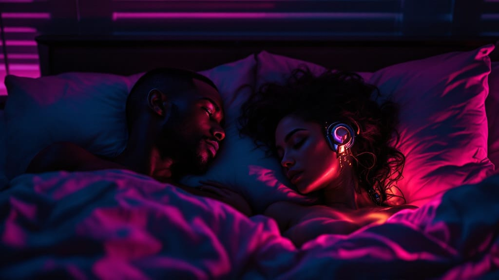 Two partners lying in a neon-lit bedroom, one half-faded in shadow with a dimly glowing cybernetic spine implant.