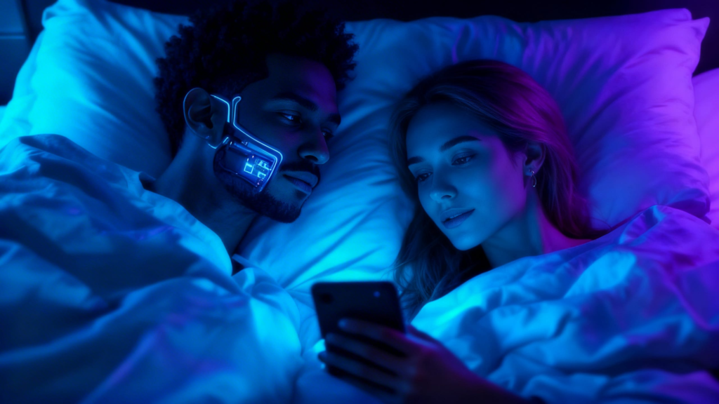 Two lovers in bed facing opposite light — one lit by phone glow with visible chrome jaw implant and temple circuitry, the other watching from warm neon light.