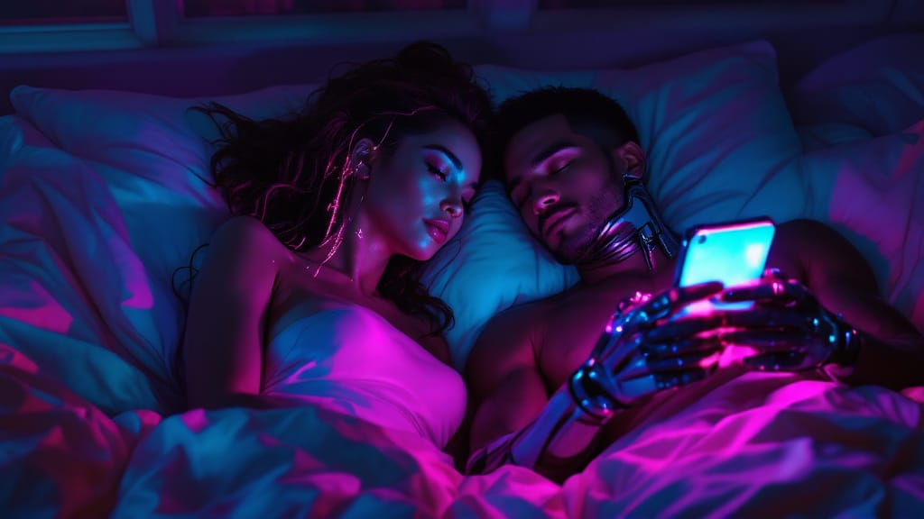 Couple lying in bed at night with visible chrome neural implant and cybernetic arm, emotionally distant under neon city light, symbolizing feeling invisible in a modern relationship.