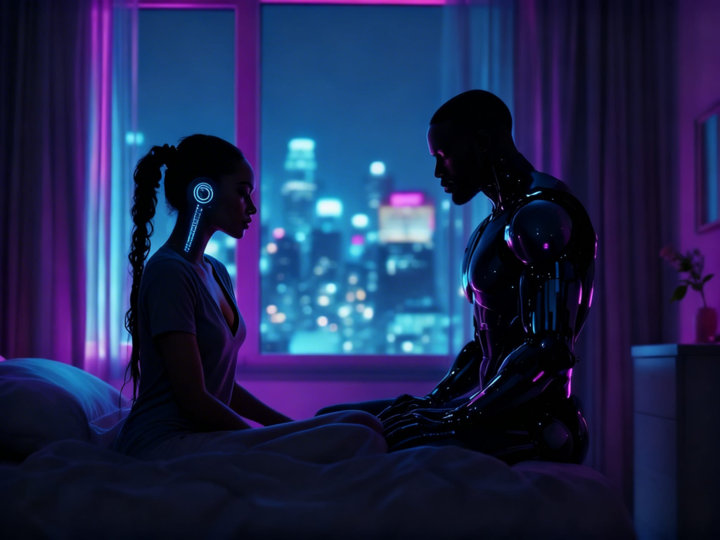 Emotionally distant couple in a neon-lit bedroom, one partner illuminated by light with visible chrome neural implant and cybernetic arm, representing feeling unseen, emotional disconnection, and fading desire in a modern relationship.