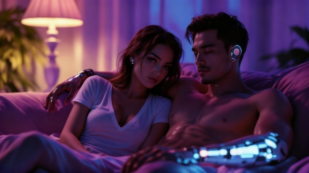 Long-term couple sitting quietly together at night in warm low light, symbolizing relationship boredom, neural adaptation, and fading passion over time.