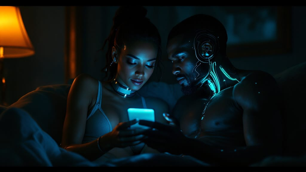 A couple sitting together in dim light while one partner scrolls on a glowing phone with a visible cybernetic implant, illustrating digital attention reshaping attraction in modern relationships.