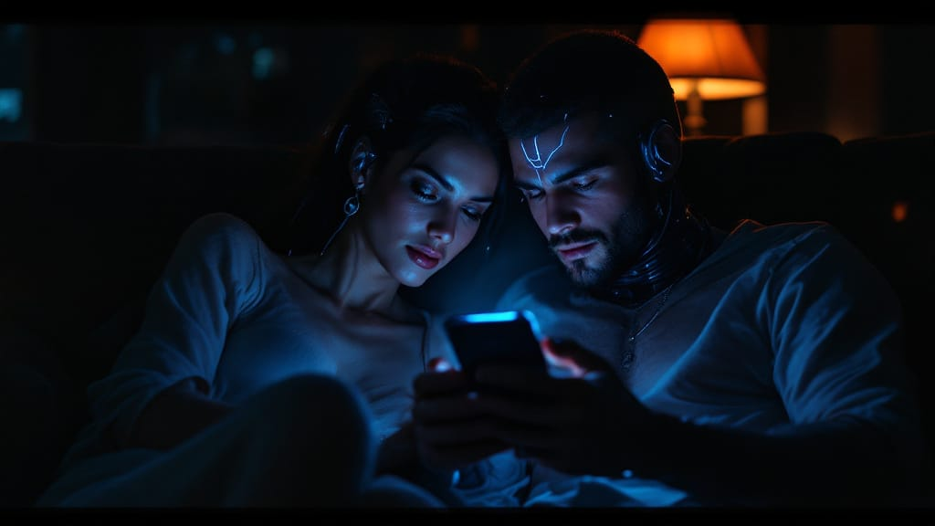 Couple sitting together in dim light while one partner scrolls on a glowing phone with visible cybernetic implant, illustrating digital attention reshaping attraction in modern relationships.