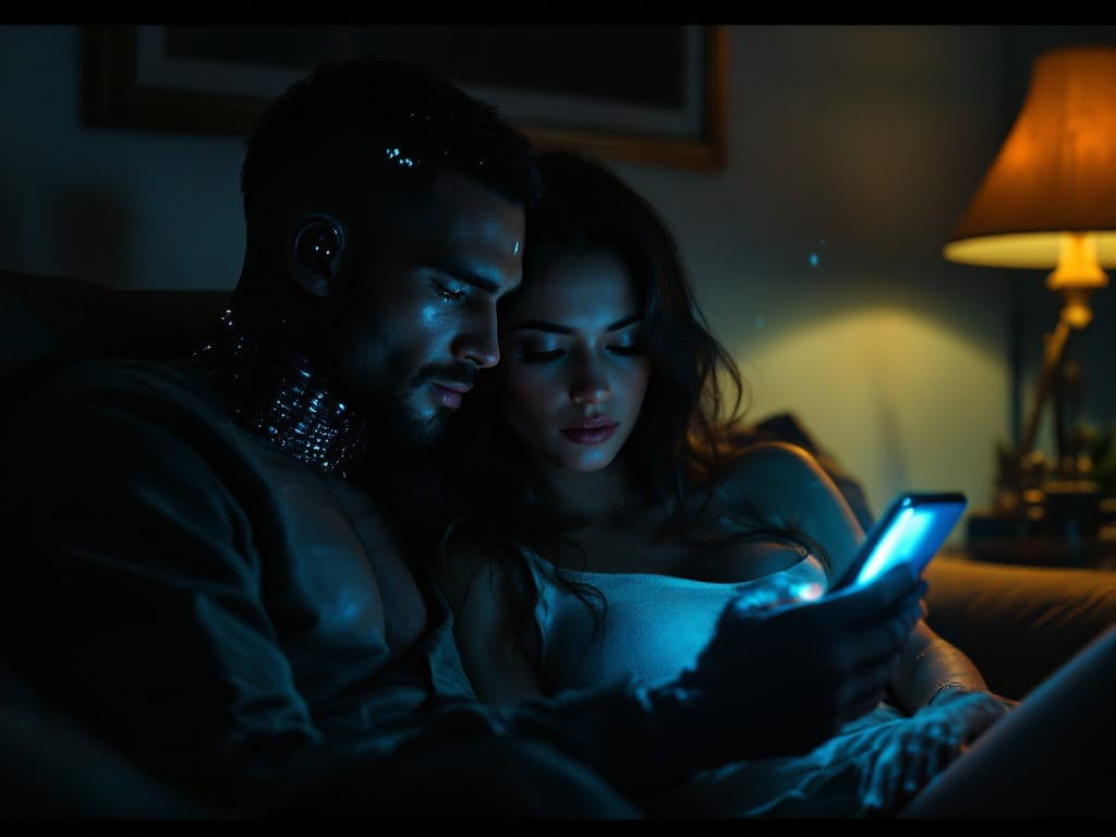 Couple sitting together under dim light, one partner absorbed in phone glow with visible neural implant, illustrating how technology affecting attraction can reshape intimacy and emotional presence.